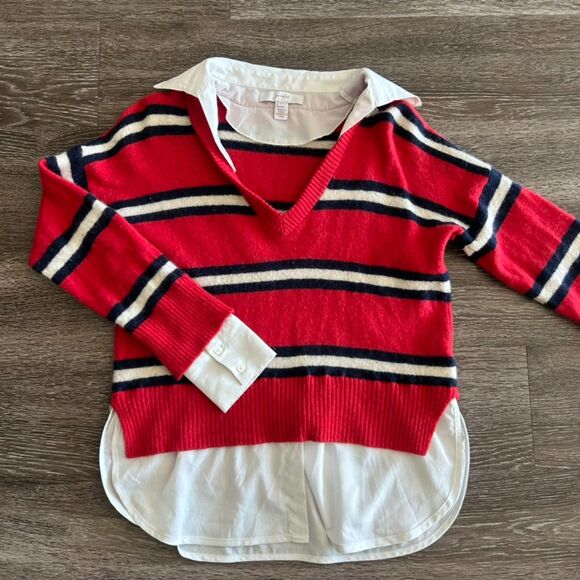 Scripted Red Wool Cashmere Striped Sweater w White Collar Asymmetrical Hem Small - Picture 7 of 9